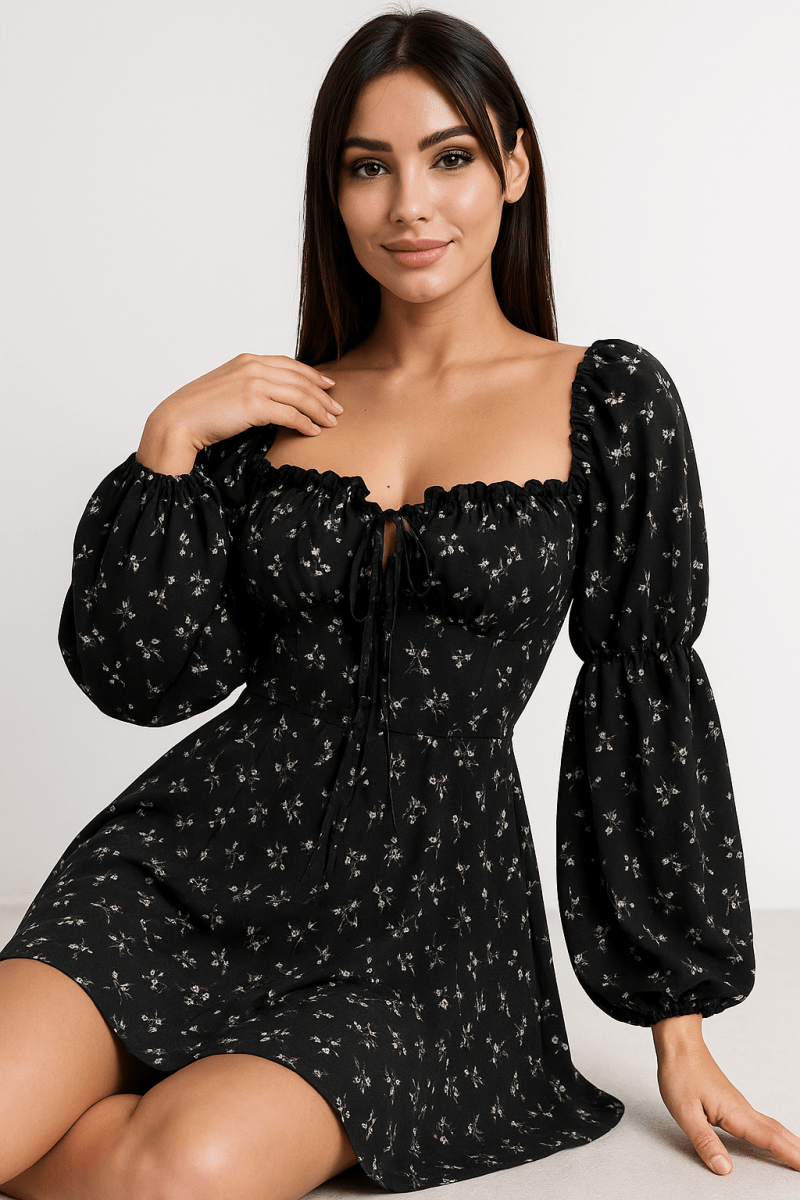 Puff Sleeve Floral Dress with Open Back