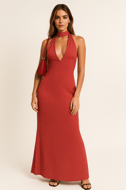 Polka Dot Halter Maxi Dress