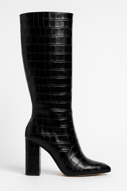Croc-Embossed Knee-High Boots