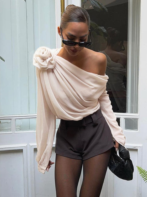 Chiffon Semi-sheer One Shoulder Asymmetrical Blouse