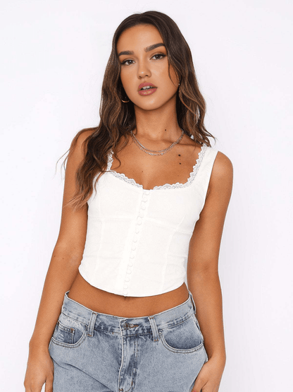 Lace Trim Button Up Strappy Top
