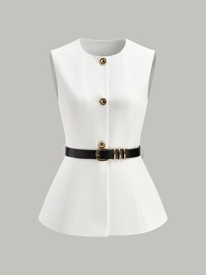 Button Detail Pockets Top With Belt