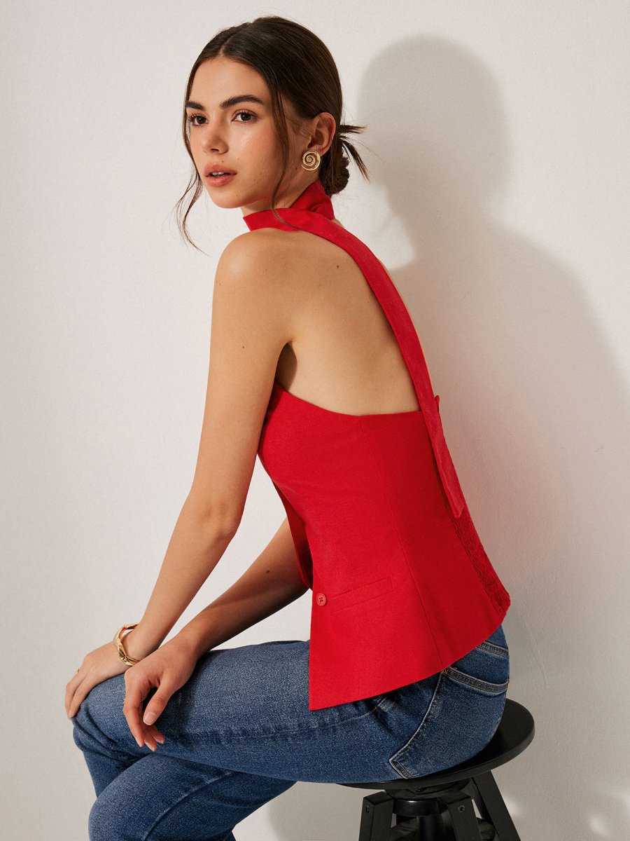 Cotton & Linen Halter Top With Decor Pockets