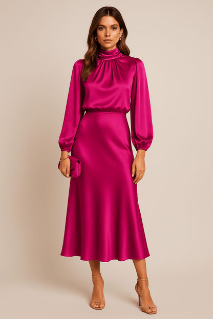 Satin High Waist Midi Dress