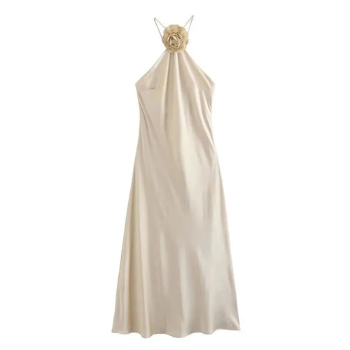 The Satin Bloom Maxi Dress | Champagne Elegance