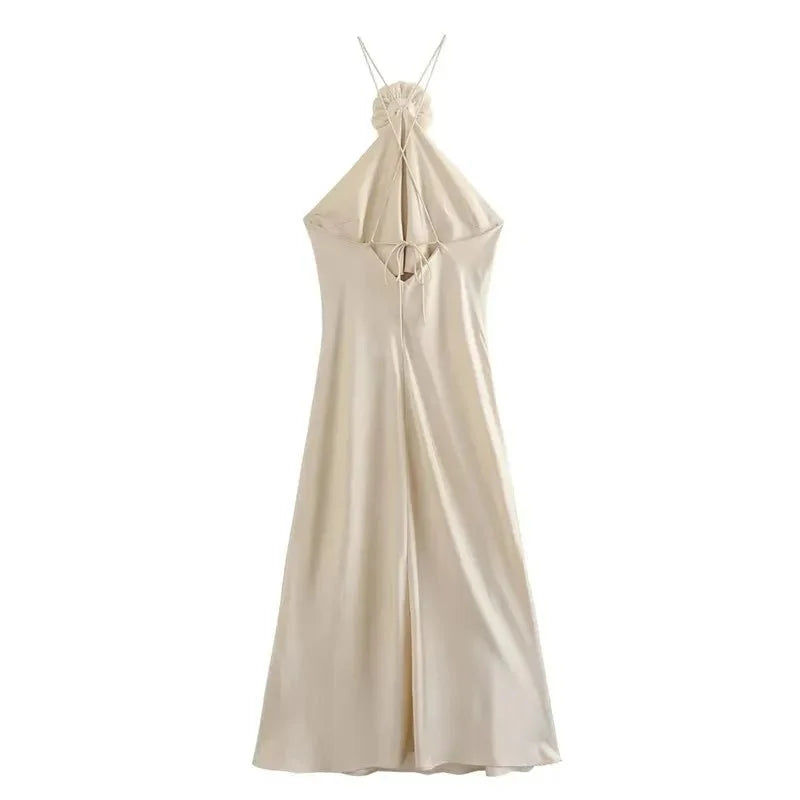 The Satin Bloom Maxi Dress | Champagne Elegance