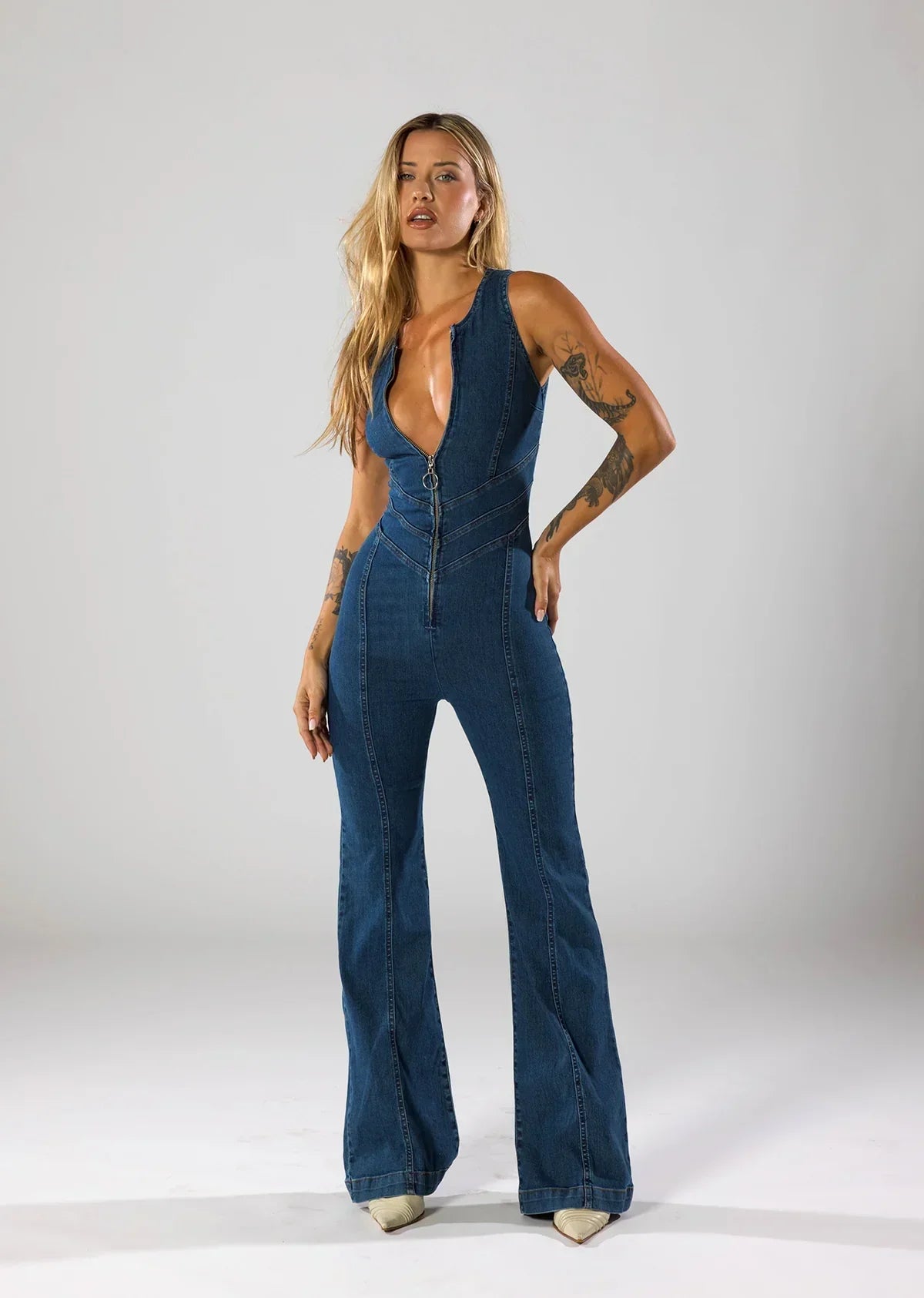 ✦ Siena Deep Zip Denim Jumpsuit